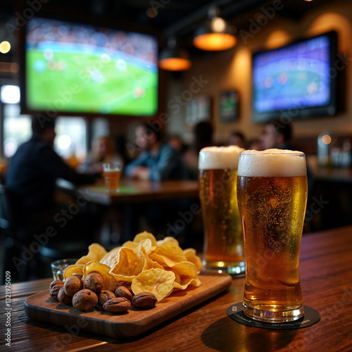 A cozy pub with dim lighting creates a relaxed vibe. A freshly baked pizza is served alongside two frosty beers. The television in the background shows an exciting football game.