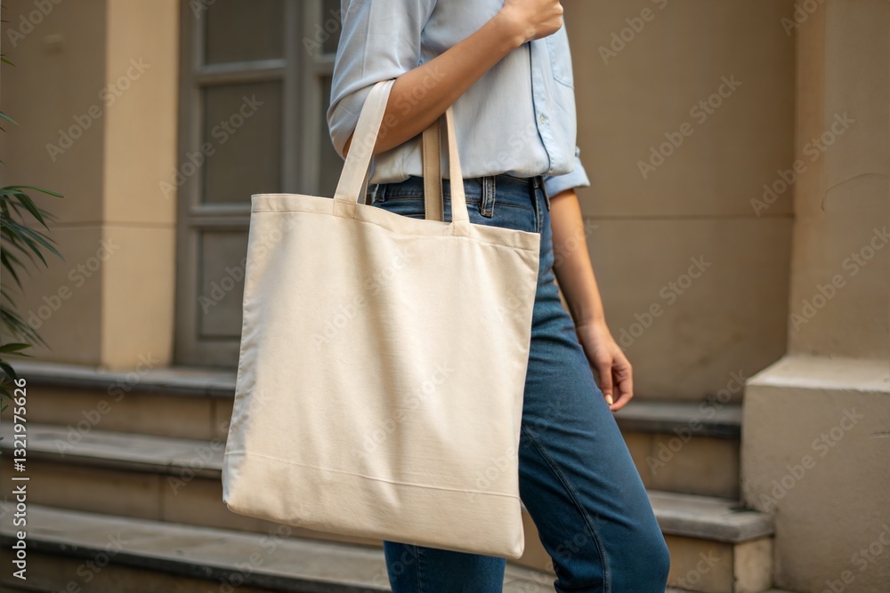 Person holding a blank cotton tote bag. Person holding a blank cotton tote bag.