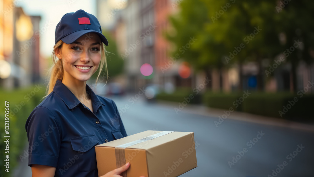 young delivery woman with parcel in city in blue uniform, delivery service concept