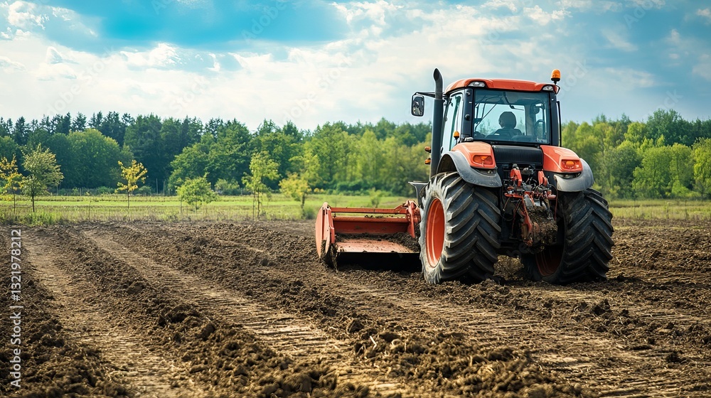 Obraz premium A tractor with a tilling attachment working on a construction site leveling raw soil for future development in a vast open area