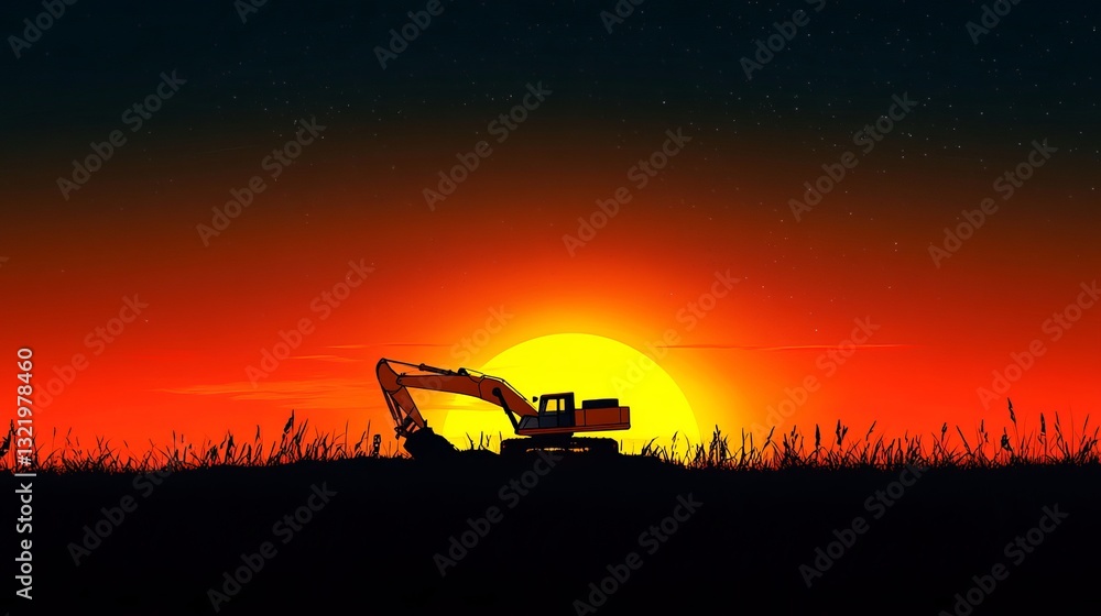 Fototapeta premium A yellow excavator at rest silhouetted against a breathtaking sunset
