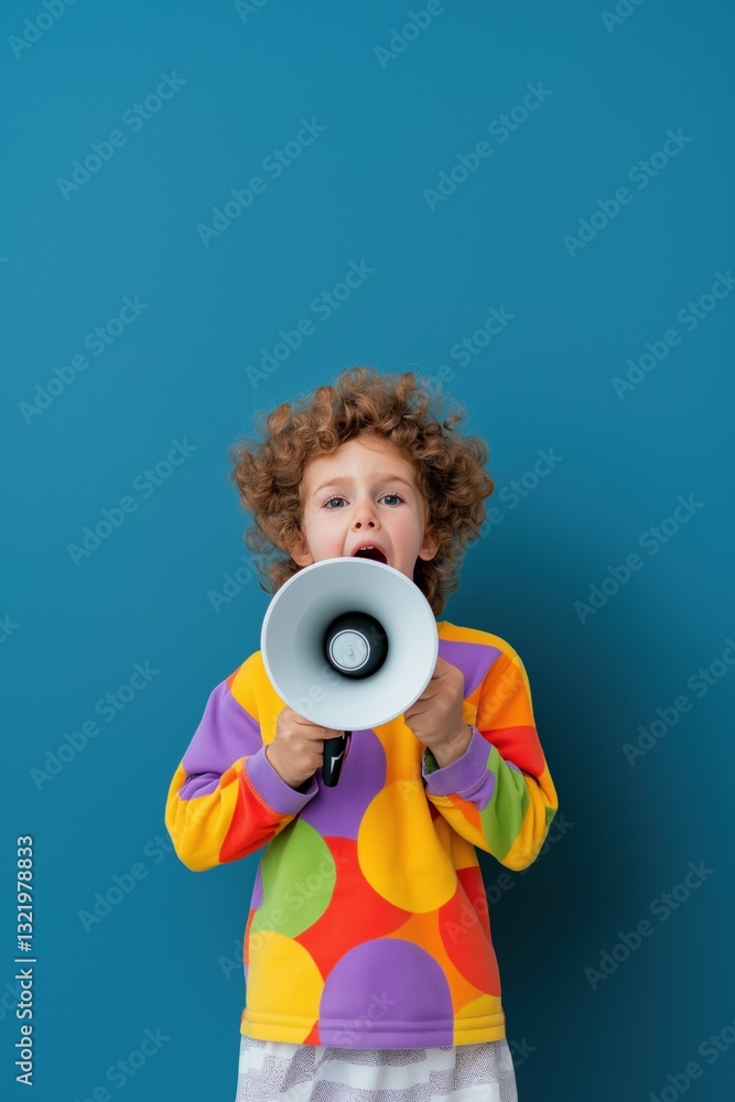 Fototapeta premium A young girl with a microphone is standing in front of a blue wall. She is wearing a colorful outfit with polka dots and is holding a microphone. Concept of excitement and enthusiasm