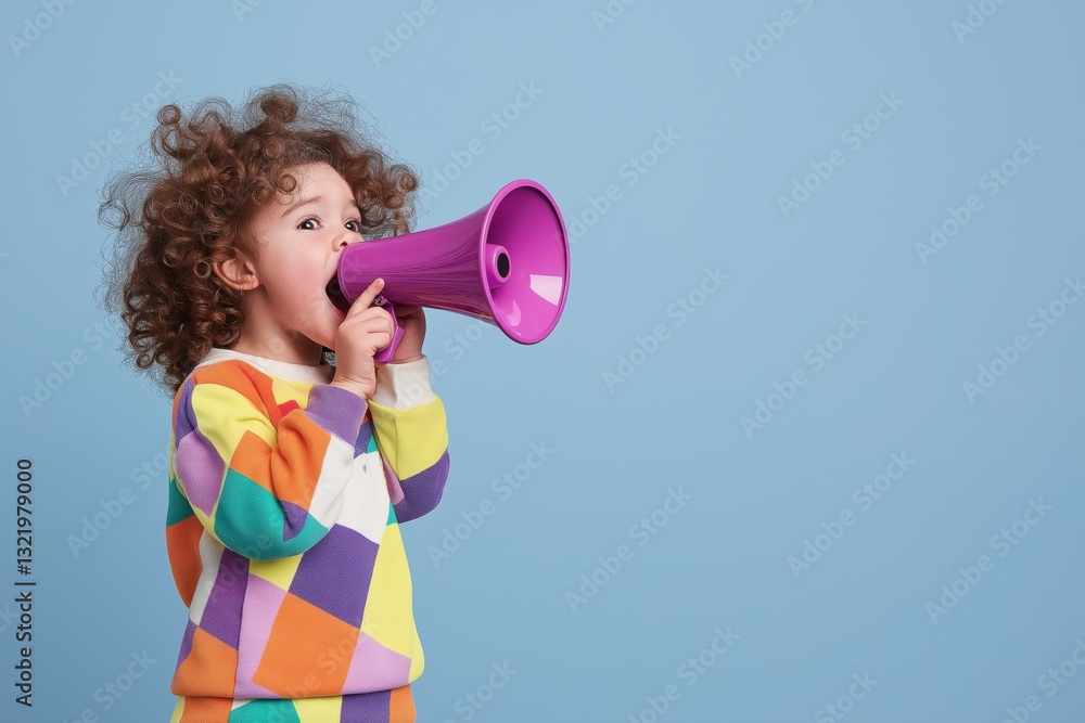 A young girl wearing a multicolored sweater is blowing a pink megaphone. Concept of fun and playfulness, as the child is engaging in a playful activity. The bright colors of the sweater A young girl wearing a multicolored sweater is blowing a pink megaphone. Concept of fun and playfulness, as the child is engaging in a playful activity. The bright colors of the sweater
