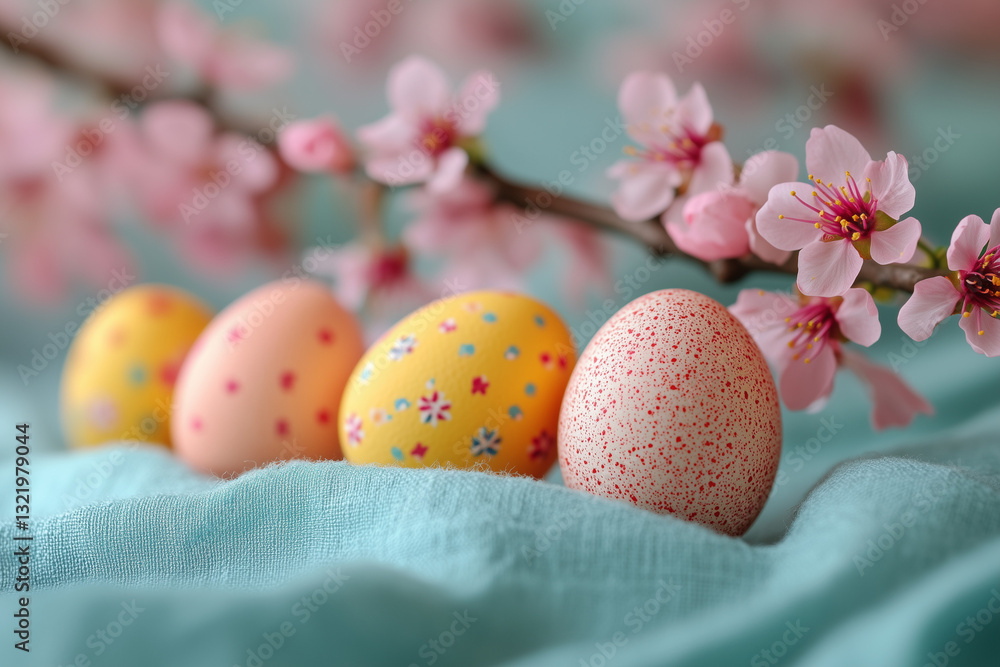 Fototapeta premium Hand-painted floral Easter eggs with cherry blossoms in soft natural light