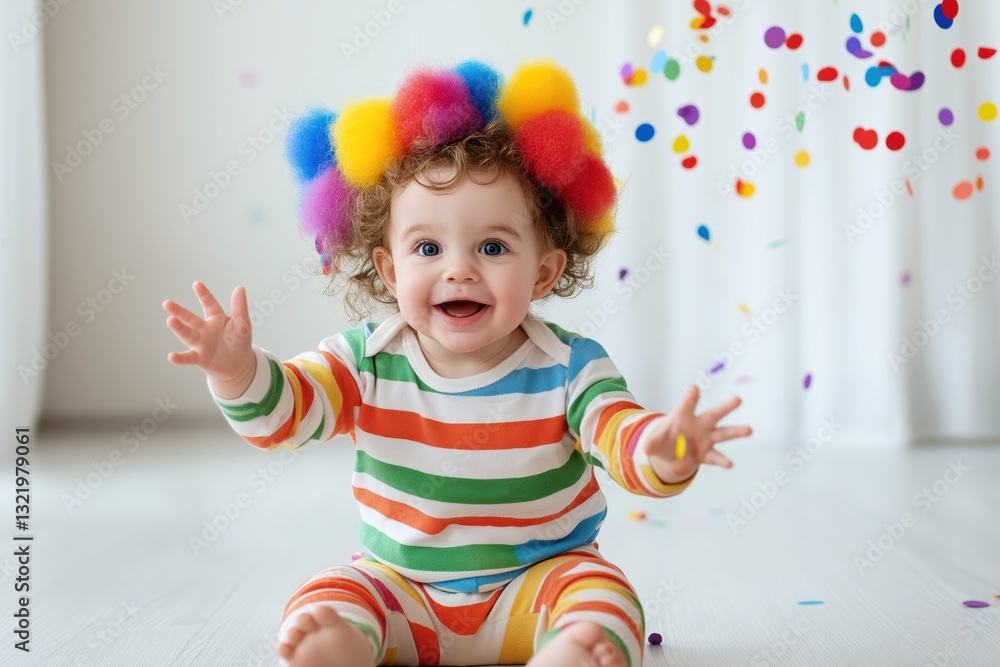 A baby wearing a clown wig and a colorful outfit is sitting on the floor, surrounded by confetti. Concept of joy and celebration, as the baby appears to be having a great time A baby wearing a clown wig and a colorful outfit is sitting on the floor, surrounded by confetti. Concept of joy and celebration, as the baby appears to be having a great time