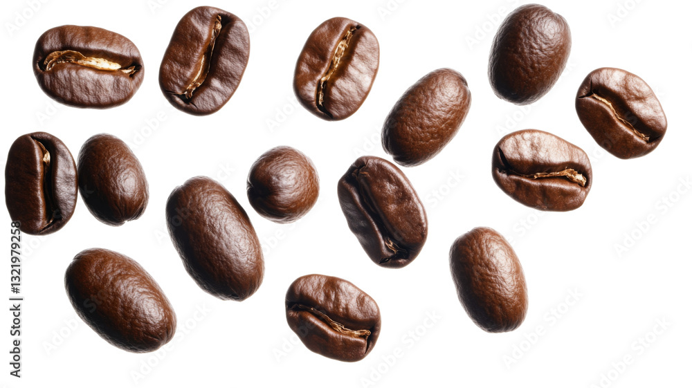 Roasted coffee beans falling on transparent background Roasted coffee beans falling on transparent background