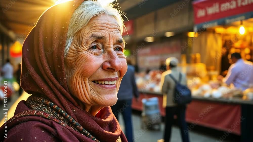 Smiling elderly muslim woman in hijab at the bustling market, woman wears traditional clothing Smiling elderly muslim woman in hijab at the bustling market, woman wears traditional clothing