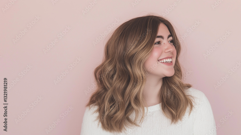 Fototapeta premium Woman with wavy blonde highlighted hair looking sideways