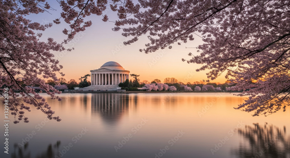 Obraz premium Jefferson Memorial Bloom: DC Cherry Blossoms & Golden Hour Reflections - Springtime in Washington D.C.