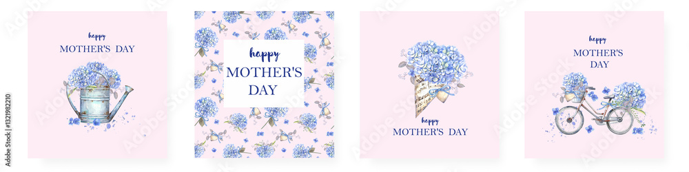 Mother's day invivations cards. Blue hydrangeas, bicycle, floral bouquet. Spring flowers. Watercolor clipart. Mother's day invivations cards. Blue hydrangeas, bicycle, floral bouquet. Spring flowers. Watercolor clipart.
