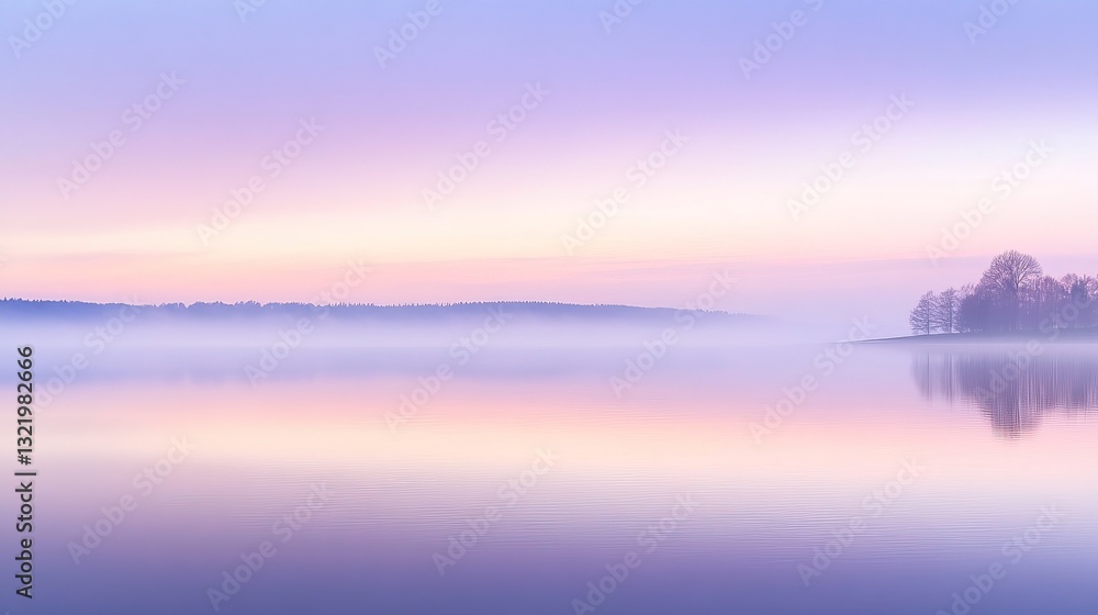 Obraz premium Peaceful twilight scene with soft purple and pink hues in the sky, a calm lake reflecting the colors of the setting sun, evoking tranquility and the quiet beauty of nature.