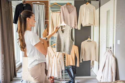 A young woman photographs clothing hanging on a wardrobe in bedroom using her smartphone. Online resale and second-hand fashion thrive through mobile apps, making sustainable shopping more accessible