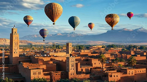 Spectacular Hot Air Balloons Over Ancient City of Marrakesh, Morocco, at Sunrise