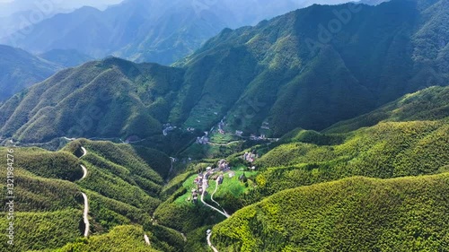 Aerial Views of Terraced Mountain Villages Nestled in the Stunning Canyons of Southern Anhui Mountains
