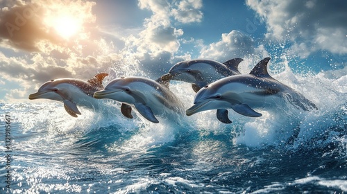 Magnificent Dolphins Leaping Through Ocean Waves at Sunset