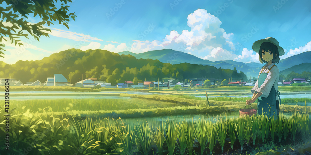Fototapeta premium 農村でのんびり暮らす女性。イラスト。水彩画。挿絵。バナー素材。