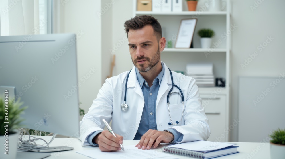Calm doctor diligently documents patient notes in a modern clinic office surrounded by natural light and organized workspace Calm doctor diligently documents patient notes in a modern clinic office surrounded by natural light and organized workspace