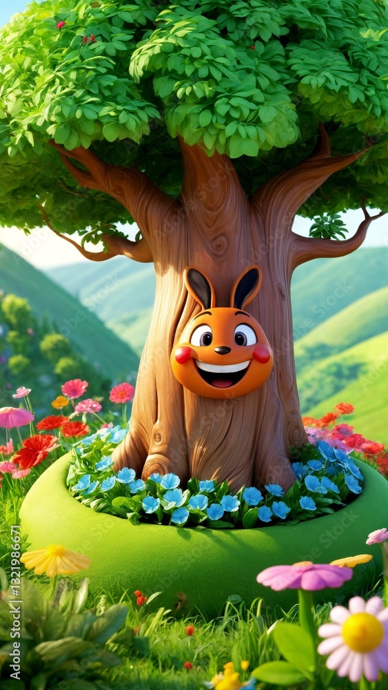 Obraz premium A cartoon rabbit is sitting in the middle of a lush green field.