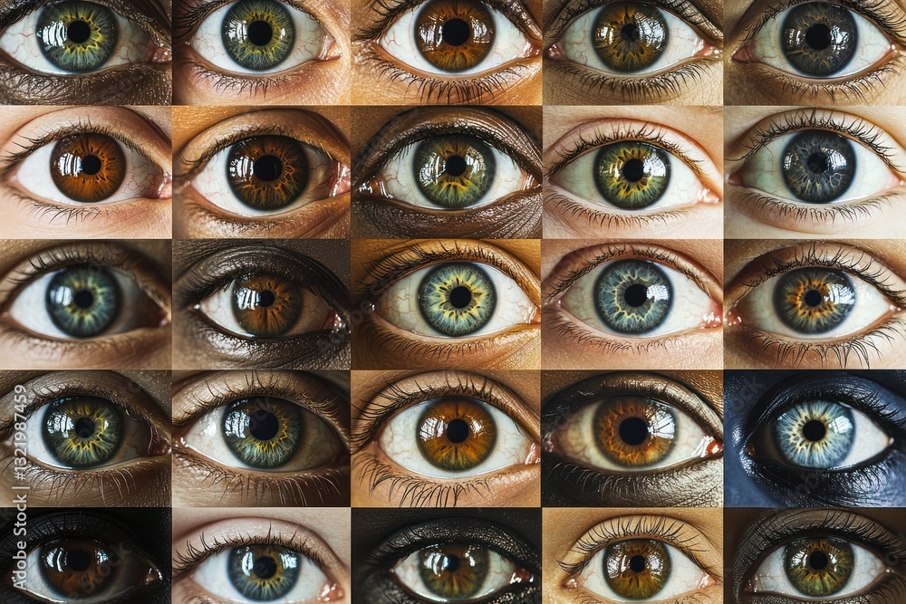 Fototapeta premium Diverse eyes collage, global unity, human connection, background blurred, stock photo