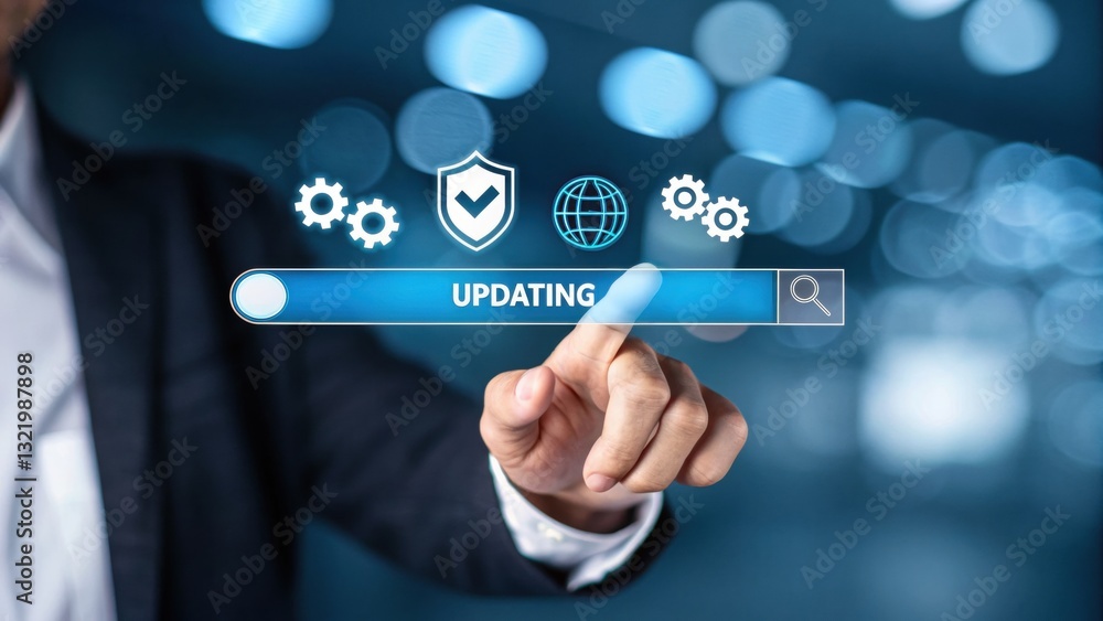 System Update: Business professional interacts with a digital interface, symbolizing a system update with interface elements. System Update: Business professional interacts with a digital interface, symbolizing a system update with interface elements.