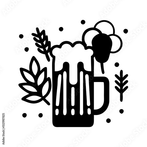 Black and white beer mug with foam and barley illustration