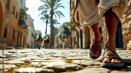 Male legs leather sandals walking on cobblestone street old town in middle east, bright sunny morning, city waking up background and donkeys walking behind man, Palm Sunday and Easter backdrop poster