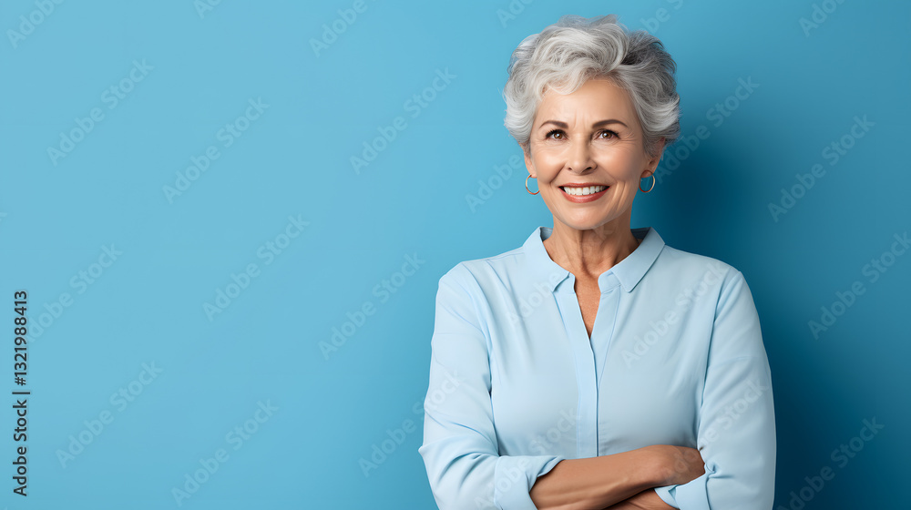 A woman with gray hair is smiling and standing in front of a blue wall A woman with gray hair is smiling and standing in front of a blue wall