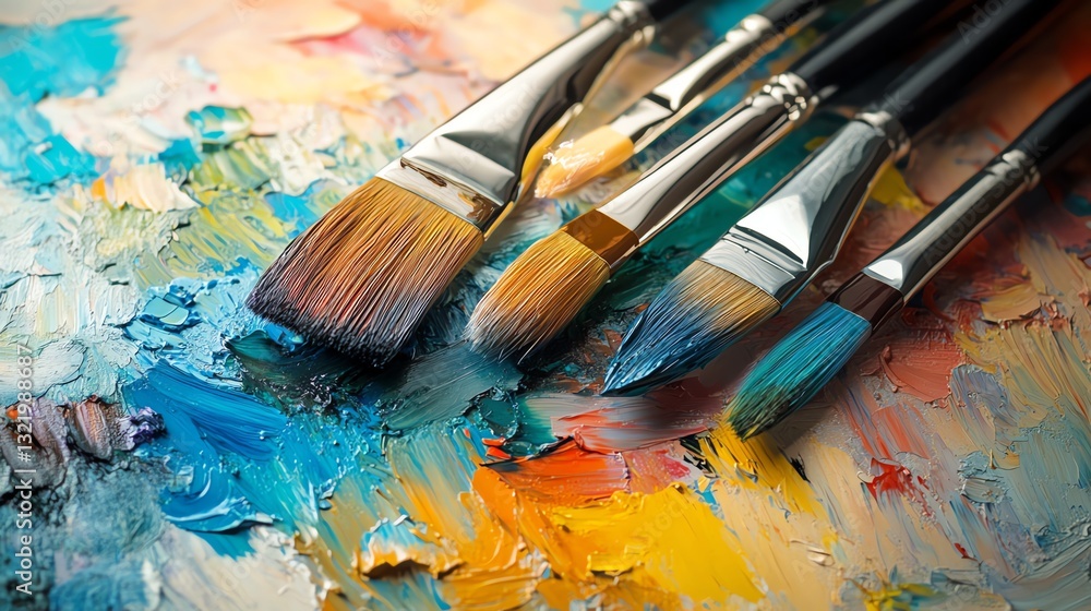 Fototapeta premium A close-up of various paintbrushes resting on a vibrant, colorful palette, showcasing an array of paint colors ready for artistic creation.