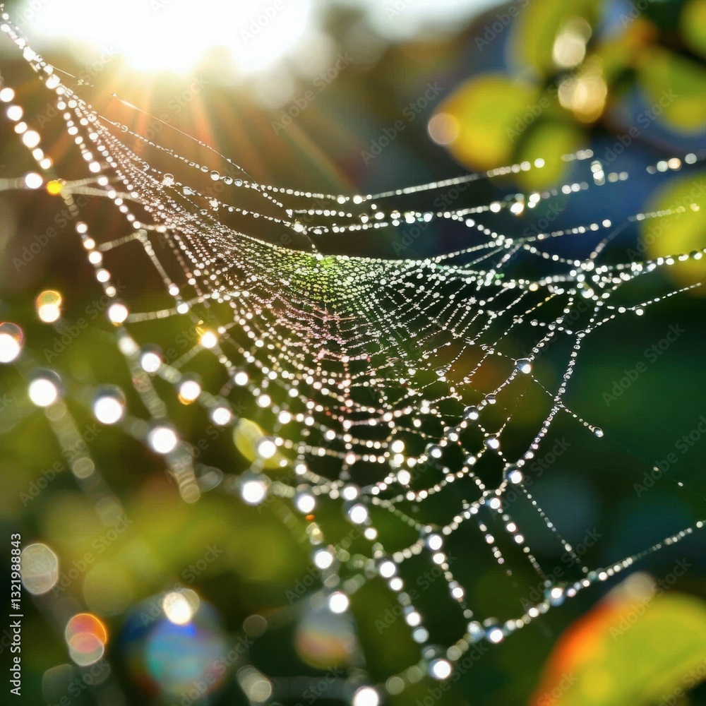 Naklejka premium Rainbow-colored water droplets on a spider web shimmering under morning sunlight. Generated AI