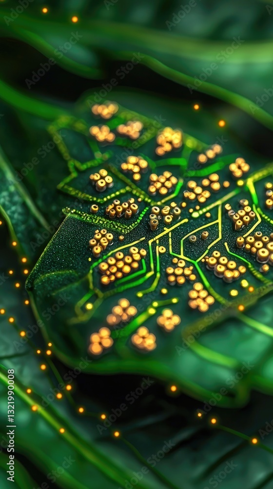 Obraz premium Bio-circuitry leaf, nature fusion, technology, green background, sustainable tech