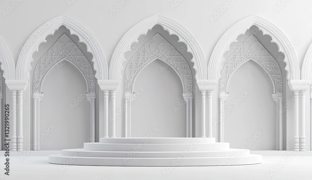 Elegant white arched hall with a round podium Elegant white arched hall with a round podium