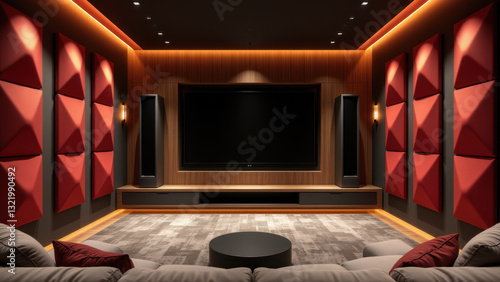 Modern home theater with acoustically designed wall and ceiling, featuring an immersive sound system.