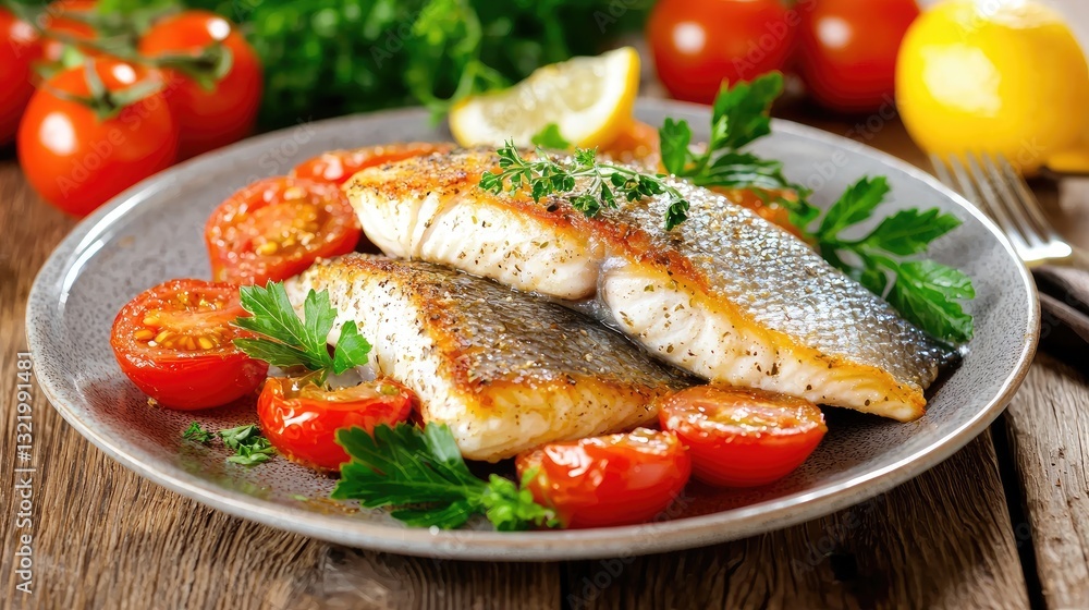 A rustic-style plate of fish and tomatoes, served on a wooden table with natural lighting. A rustic-style plate of fish and tomatoes, served on a wooden table with natural lighting.