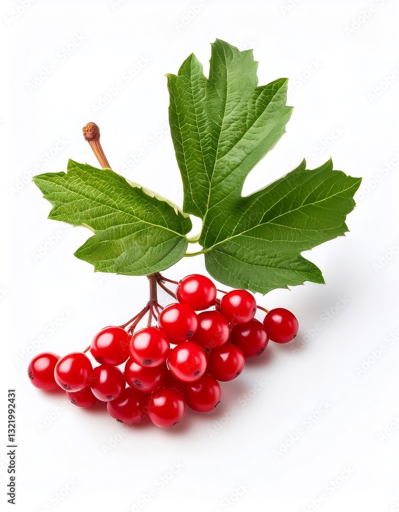 Viburnum branch with vivid red berries and textured foliage contrasting against pristine white background Viburnum branch with vivid red berries and textured foliage contrasting against pristine white background