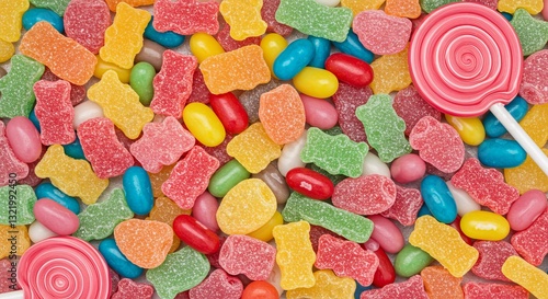 Candy assortment pattern with gummies and lollipops. Sweet, colorful design perfect for food, candy, or party themes.