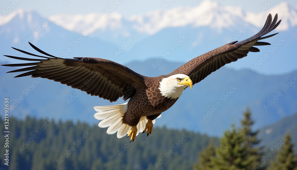 Fototapeta premium Bald Eagle Mountain Flight with majestic freedom Representing mountainous forest background 