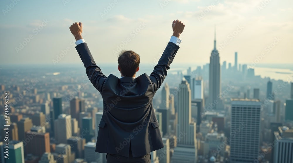 Standing triumphantly on a skyscraper, a man in a business suit surveys the vast urban landscape beneath him at sunset Standing triumphantly on a skyscraper, a man in a business suit surveys the vast urban landscape beneath him at sunset
