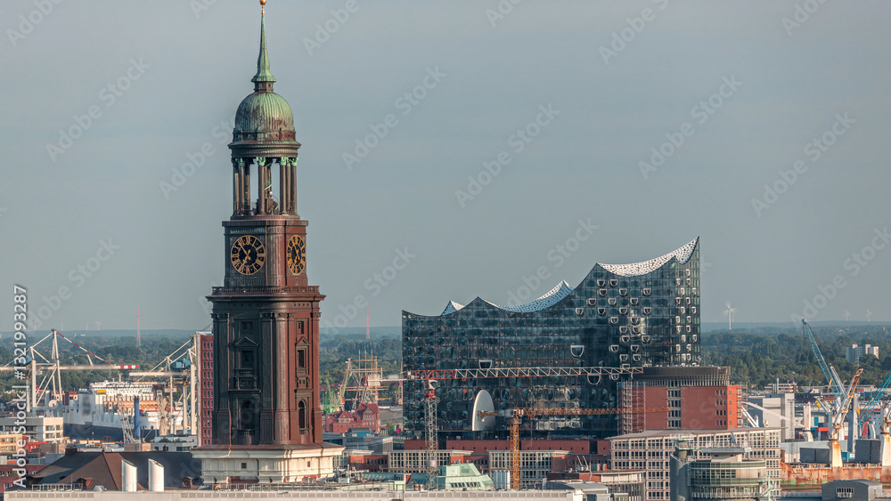 Obraz premium Aerial timelapse of Hamburg's historic city center skyline with iconic towers and spires. Germany