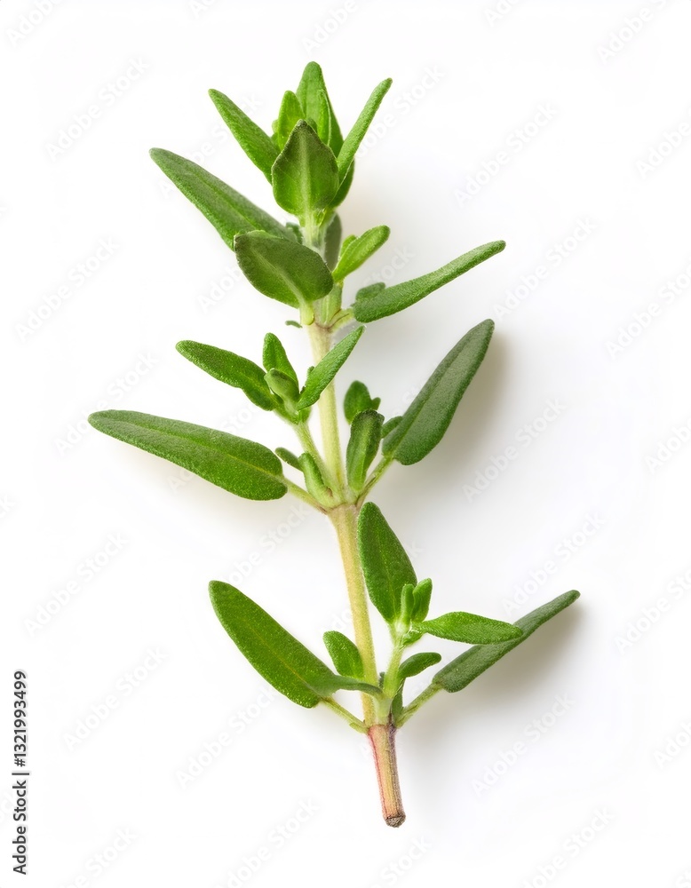 Fototapeta premium Close up of a fresh thyme sprig, showcasing its vibrant green leaves and delicate stem, isolated on a clean white backdrop