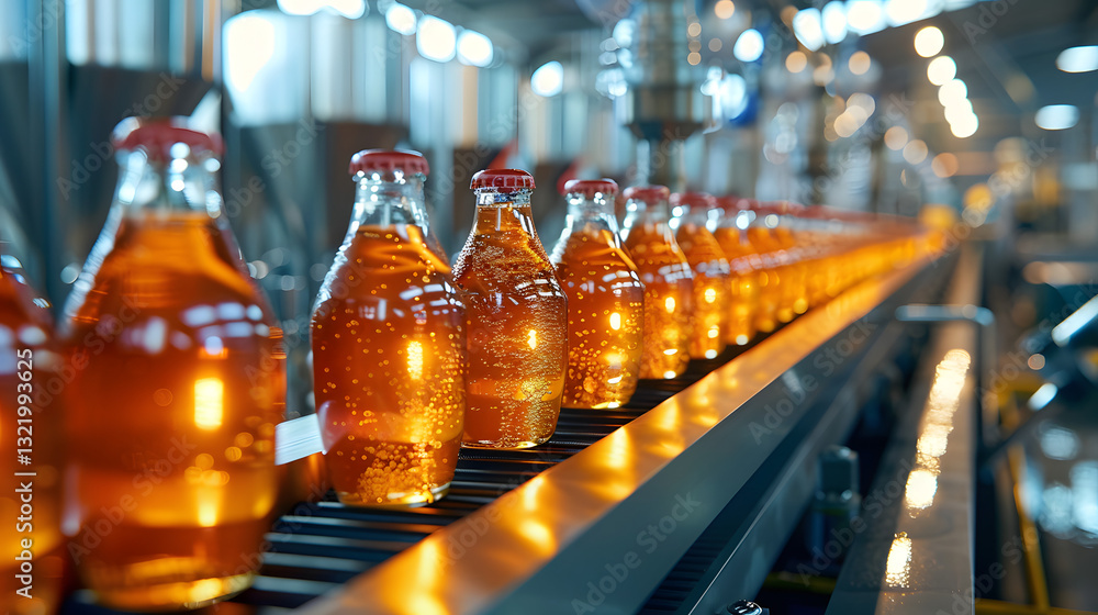 A line of bottles of a beverage being made A line of bottles of a beverage being made
