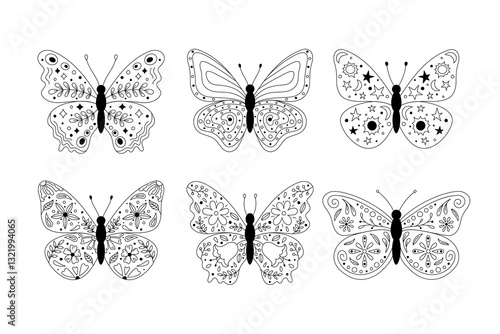 Butterflies with floral, botanical and abstract ornament on wings. Whimsical insects isolated illustration top view. Black outline butterflies vector set. Hand drawn doodle elements flowers, leaves