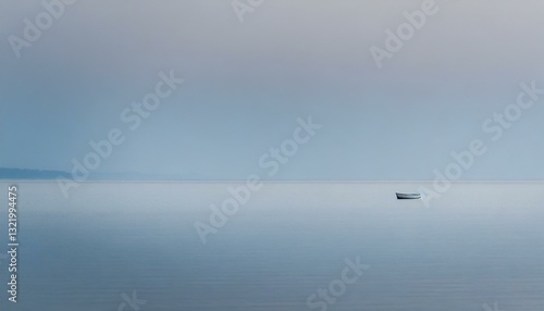 A lone boat floats on still waters under a soft gray sky, creating a serene, minimalist scene of tranquility and quiet reflection