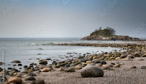 Gentle cliffs and a calm shoreline stretch beneath a hazy horizon, evoking a sense of tranquil coastal beauty.