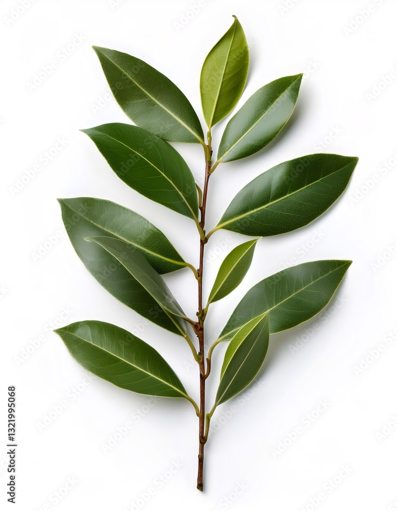 Naklejka premium Fresh bay laurel branch with aromatic dark green leaves, isolated on a white background, ideal for culinary or aromatic purposes