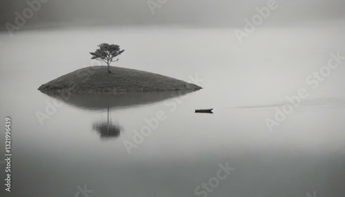 A solitary tree stands on a gentle hill under a soft green sky, capturing a quiet sense of minimalism and calm