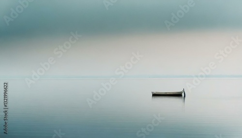 A lone boat floats on still waters under a soft gray sky, creating a serene, minimalist scene of tranquility and quiet reflection