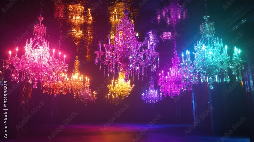 Obraz premium Colorful crystal chandeliers illuminate dark room, reflecting light; event decor