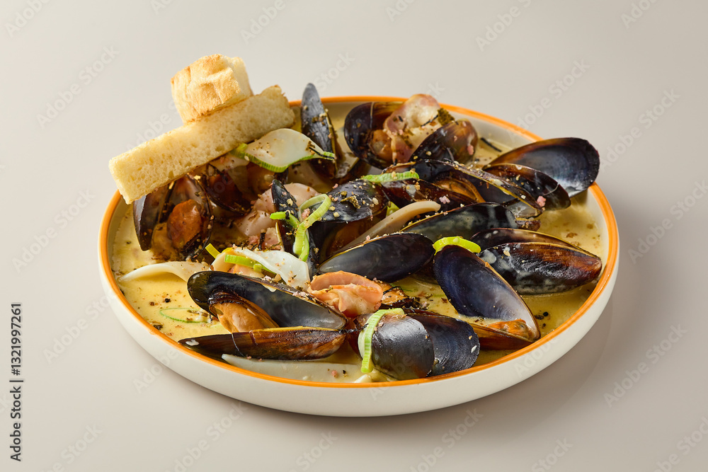 Gourmet Mussels in Wine Sauce on White Plate with Breadsticks - Modern Food Photography Gourmet Mussels in Wine Sauce on White Plate with Breadsticks - Modern Food Photography