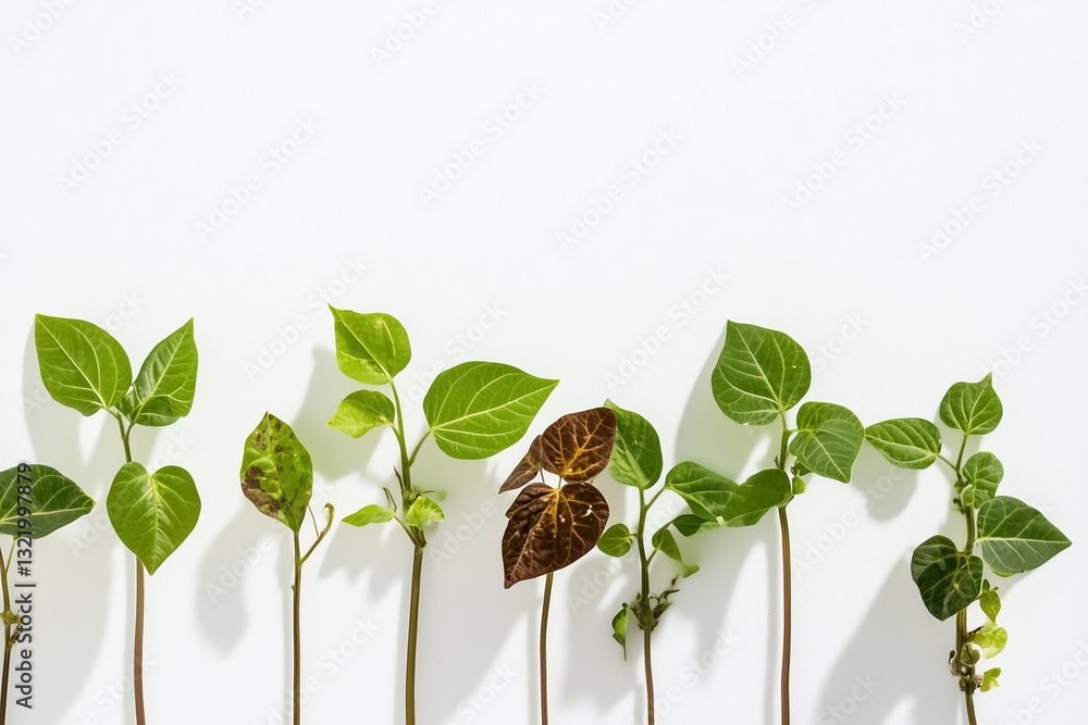 Fototapeta premium Experimental soybean plants exhibit a range of unusual colors and sizes under controlled outdoor conditions, revealing their unique genetic traits and adaptive features