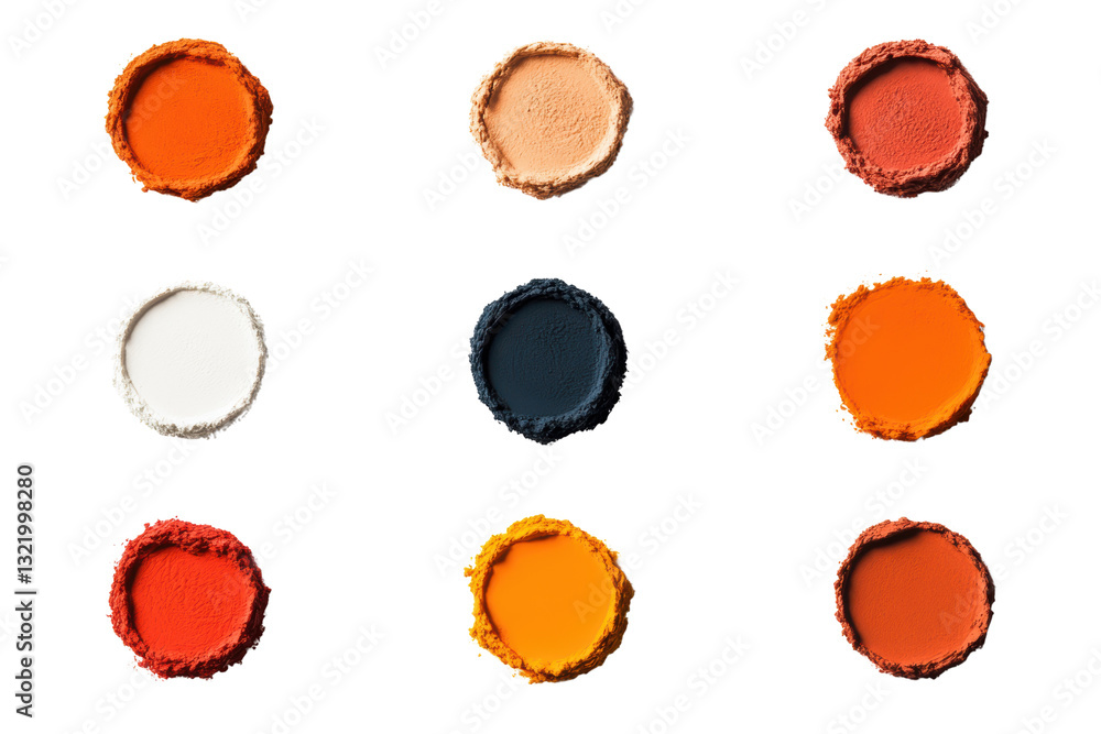 Colorful paint circles arranged in grid, showcasing various shades including orange, white, and beige. vibrant hues evoke creativity and artistic expression Colorful paint circles arranged in grid, showcasing various shades including orange, white, and beige. vibrant hues evoke creativity and artistic expression